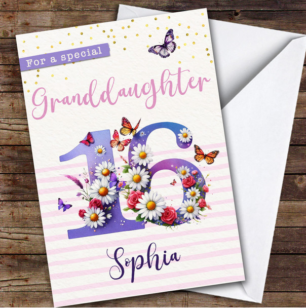 16th Granddaughter Purple Floral Butterflies Teenager Personalized Birthday Card