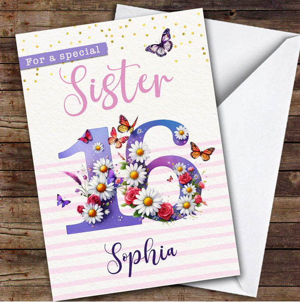 16th Sister Purple Floral Butterflies Teenager Custom Personalized Birthday Card
