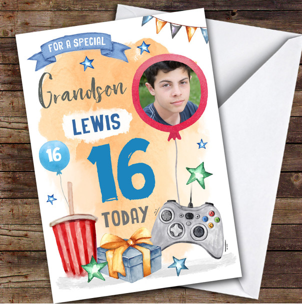Gaming Online Gamer Photo Grandson 16th Teenager Boys Personalized Birthday Card
