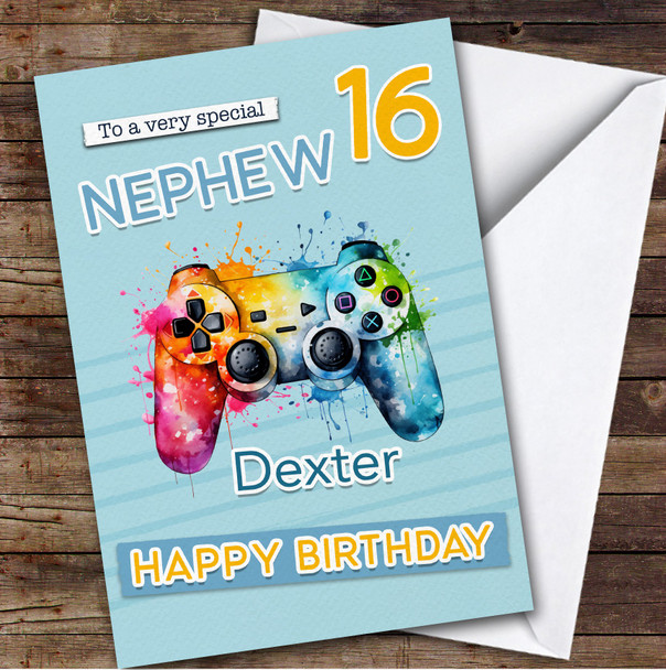 Nephew 16th Gamepad Splash Gamer Teenager Boys Custom Personalized Birthday Card
