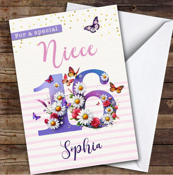 16th Niece Purple Floral Butterflies Teenager Custom Personalized Birthday Card