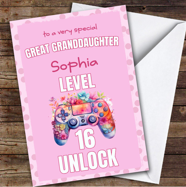 Great Granddaughter 16th Pink Girl Gamer Gaming Teen Personalized Birthday Card