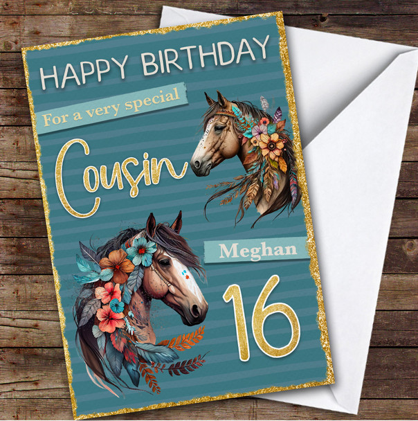Cousin 16th Floral Horse Riding Fan Teenager Custom Personalized Birthday Card