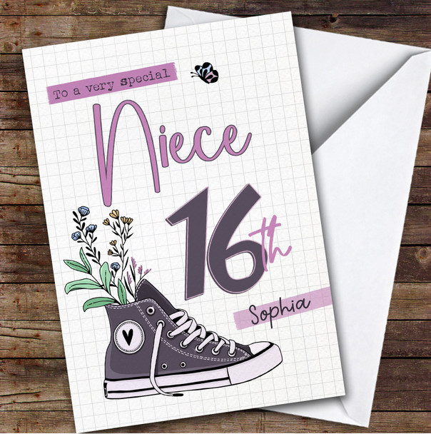 16th Niece Floral Trainers Sneakers Sport Teenager Personalized Birthday Card