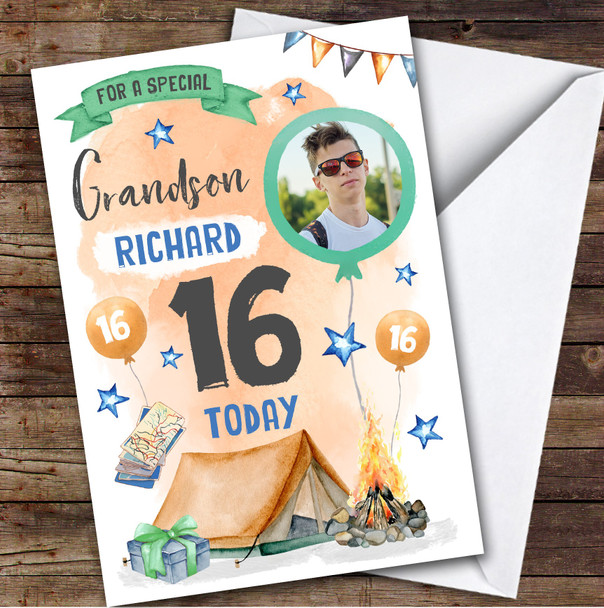 Camping Outdoors Photo Grandson 16th Teenager Boys Personalized Birthday Card