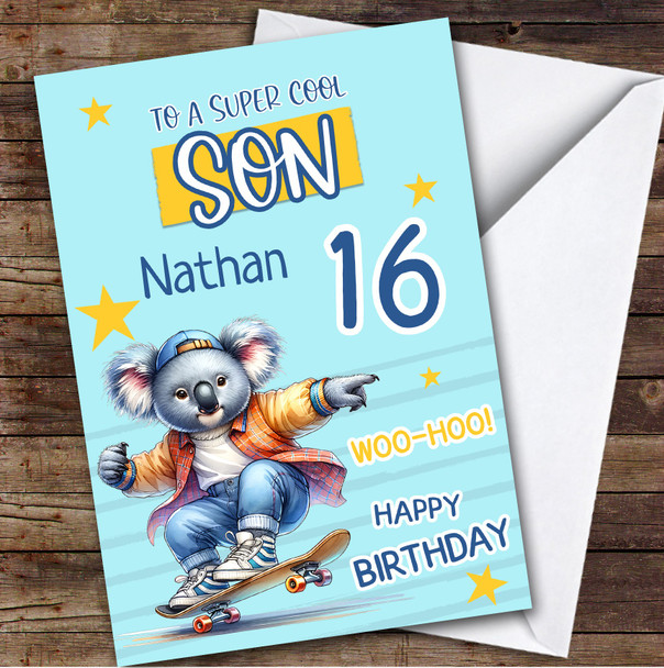 16th Son Skateboarding Koala Teenager Boys Custom Personalized Birthday Card