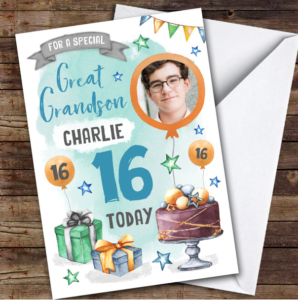 Cake Gift Photo Great Grandson 16th Teenager Boys Personalized Birthday Card