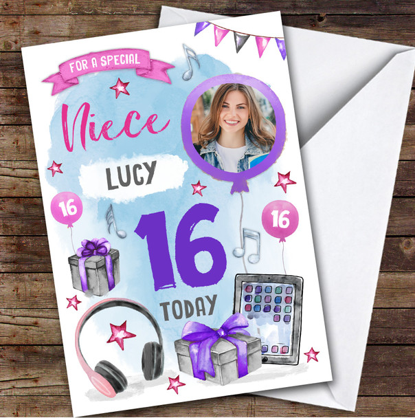 Music Headphones Online Photo Niece 16th Teenager Personalized Birthday Card