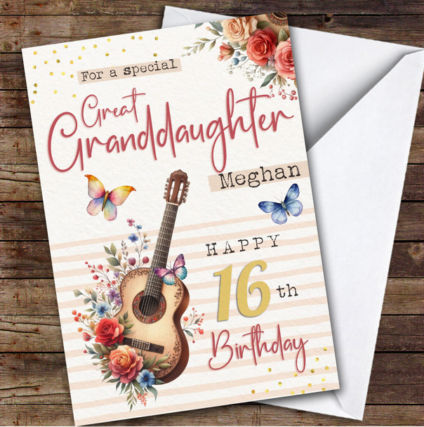 Great Granddaughter 16th Floral Guitar Teenager Personalized Birthday Card