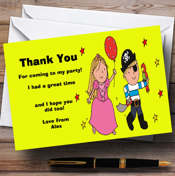 Yellow Pirate And Princess Personalized Birthday Party Thank You Cards