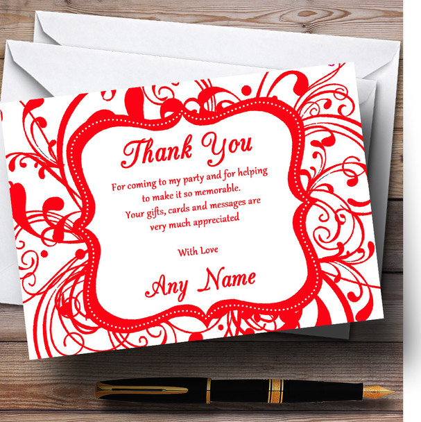 White & Red Swirl Deco Personalized Birthday Party Thank You Cards