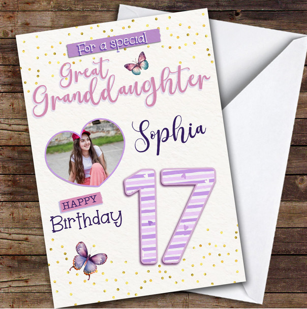 17th Great Granddaughter Butterflies Heart Photo Teen Personalized Birthday Card