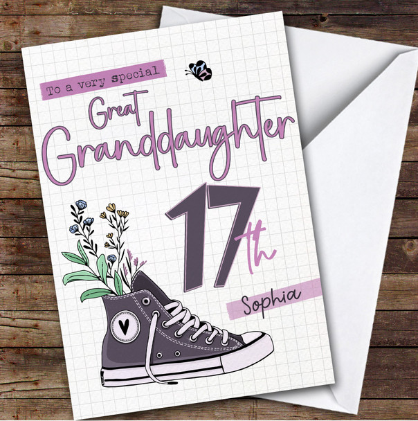 17th Great Granddaughter Trainers Sneakers Sport Teen Personalized Birthday Card