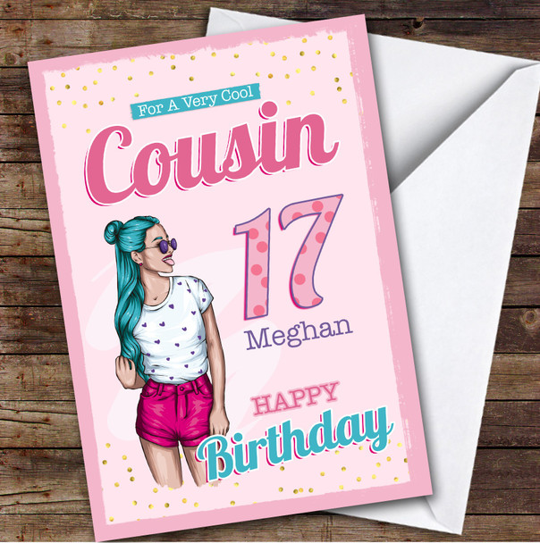 Cousin 17th Turquoise Hair Cool Girl Teenager Custom Personalized Birthday Card