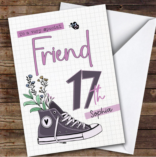 17th Friend Floral Trainers Sneakers Sport Teenager Personalized Birthday Card
