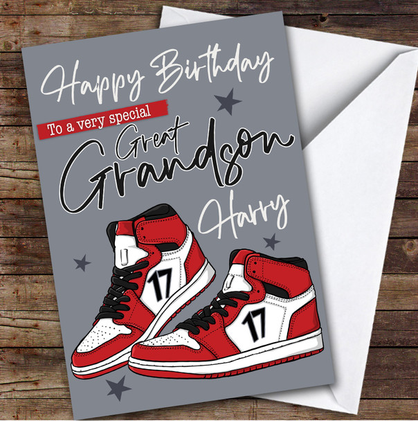17th Great Grandson Red Trainers Sneakers Teen Boys Personalized Birthday Card