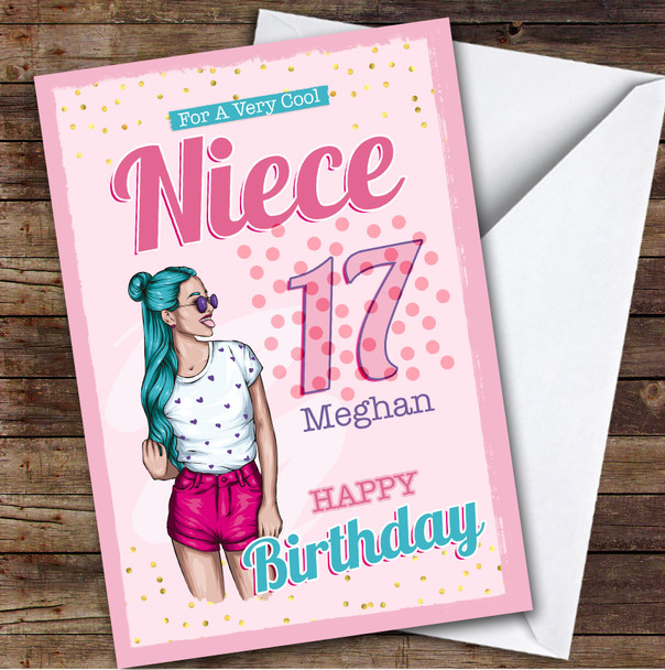 Niece 17th Turquoise Hair Cool Girl Teenager Custom Personalized Birthday Card