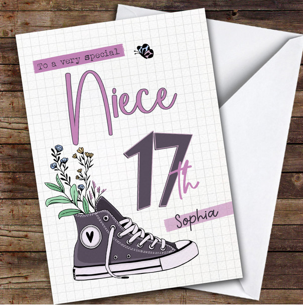 17th Niece Floral Trainers Sneakers Sport Teenager Personalized Birthday Card