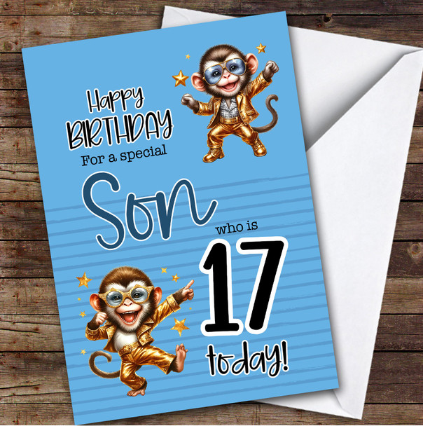 Son 17th Blue Dancing Monkeys Teenager Boys Custom Personalized Birthday Card