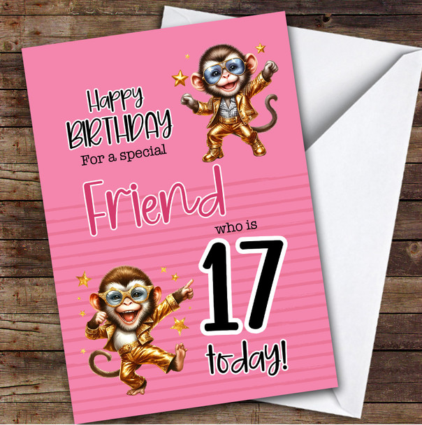 Friend 17th Pink Dancing Monkeys Teenager Custom Personalized Birthday Card
