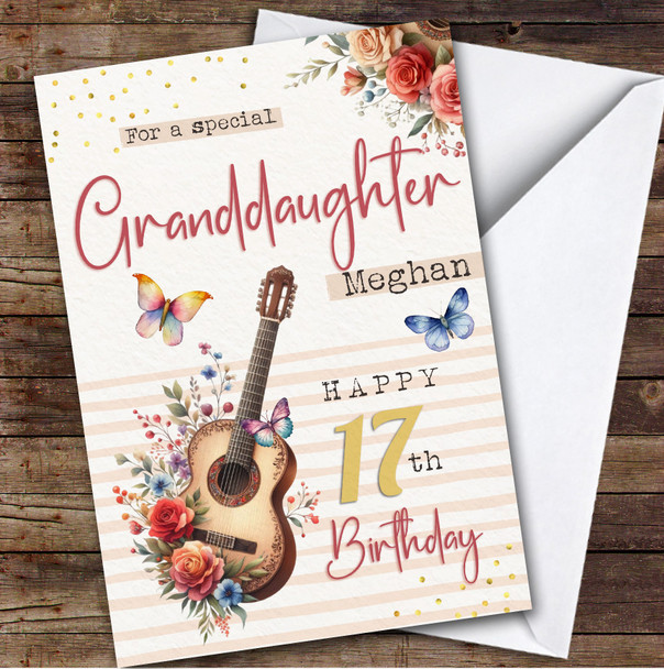 Granddaughter 17th Floral Guitar Teenager Custom Personalized Birthday Card