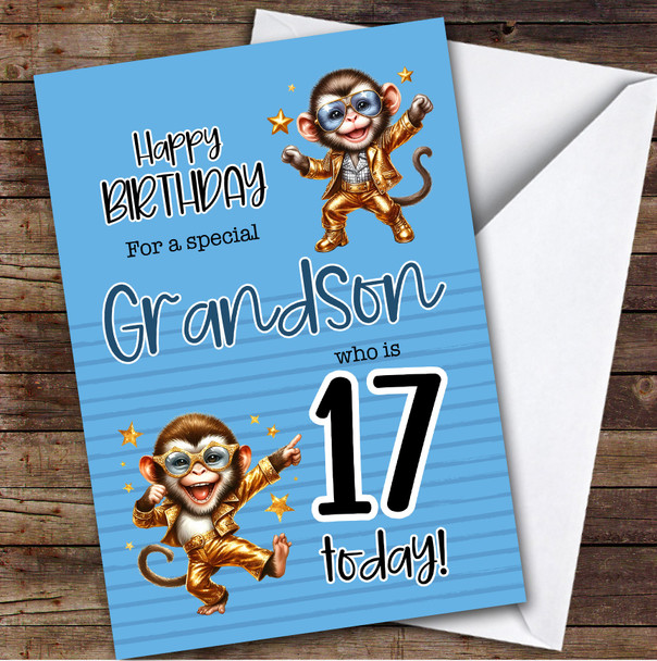 Grandson 17th Blue Dancing Monkeys Teenager Boys Personalized Birthday Card