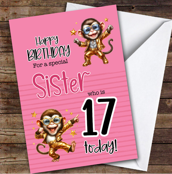 Sister 17th Pink Dancing Monkeys Teenager Custom Personalized Birthday Card