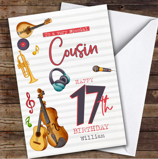 Cousin 17th Music Instruments Teenager Custom Personalized Birthday Card