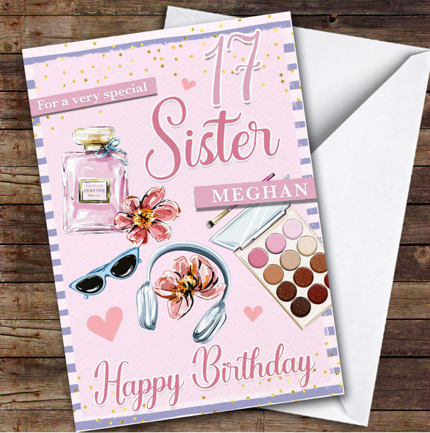 17th Sister Pink Makeup Teenager Custom Personalized Birthday Card