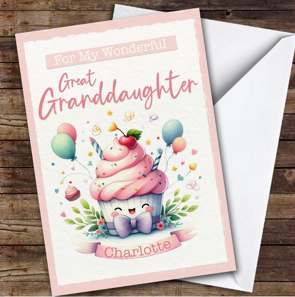 Great Granddaughter Cute Pink Cupcake Girls Custom Personalized Birthday Card