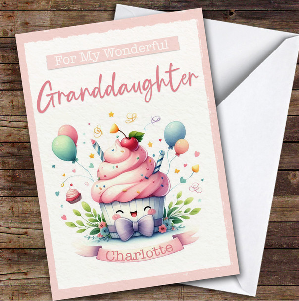 Granddaughter Cute Pink Cupcake Custom Personalized Birthday Card