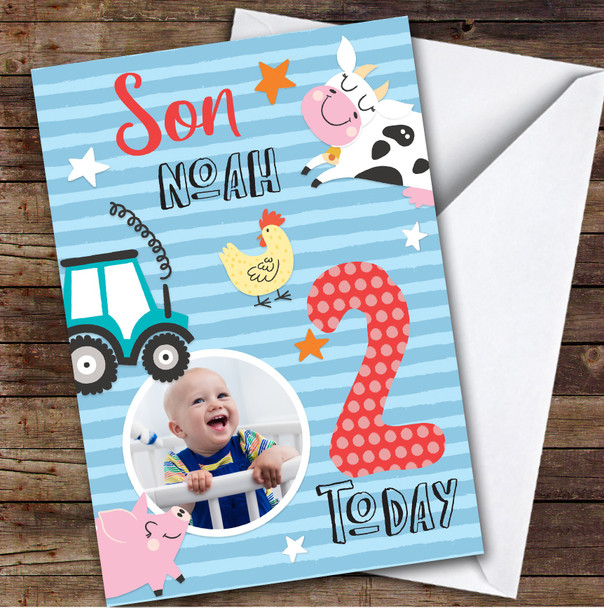Boy's Farm Animals Photo Son 2nd Birthday Personalized Birthday Card