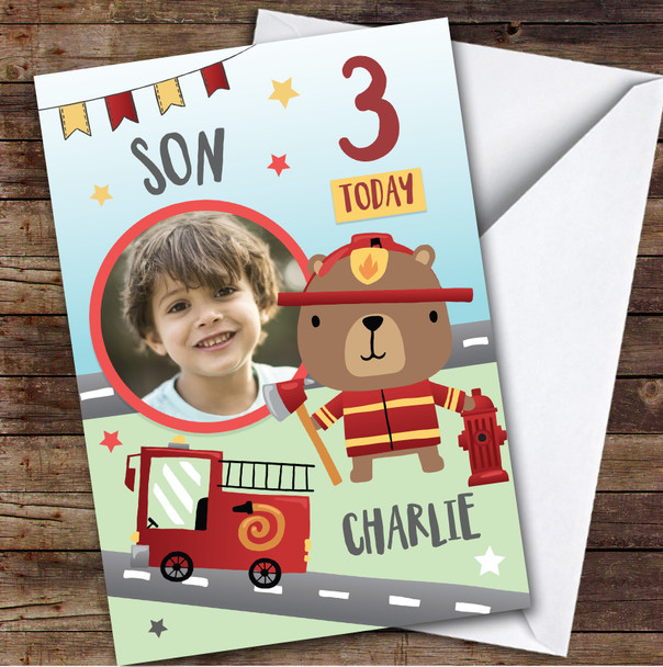 Boy's Fireman Bear Fire truck Photo Son 3rd Birthday Personalized Birthday Card