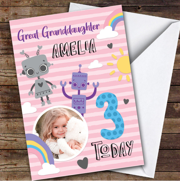Girl's Robot Rainbow Photo Great Granddaughter 3rd Birthday Personalized Card