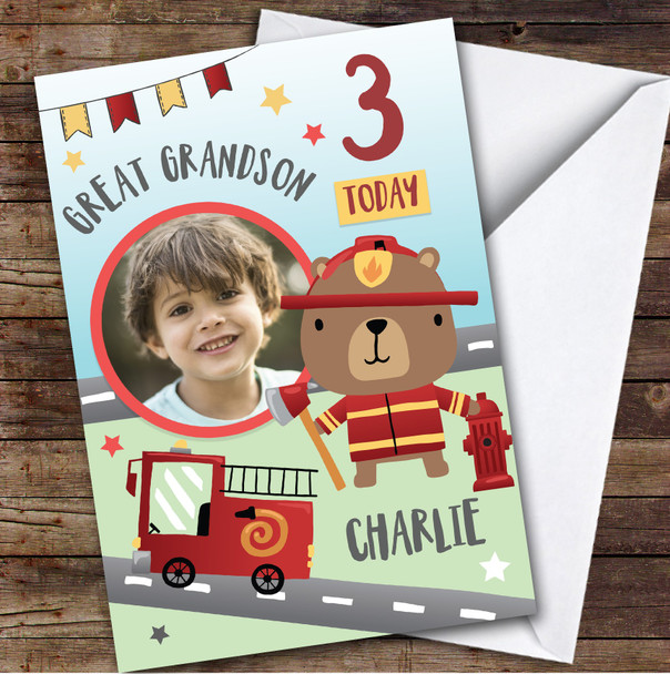 Boy's Fireman Fire truck Photo Great Grandson 3rd Birthday Personalized Card