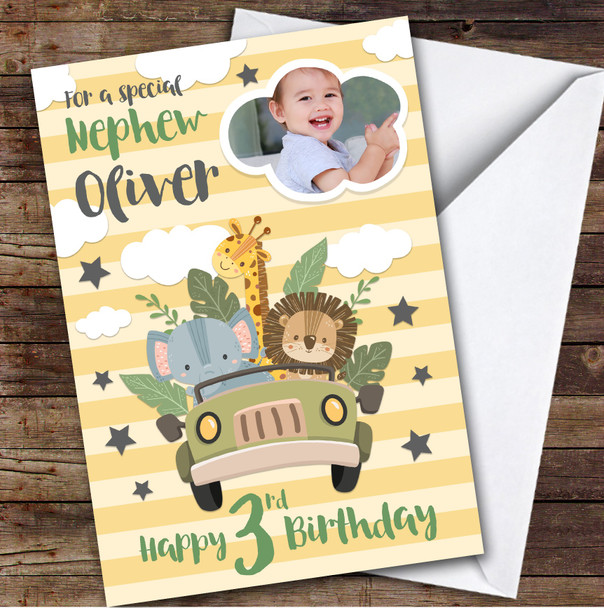 Boy's Jungle Safari Truck Animal Photo Nephew 3rd Birthday Personalized Card