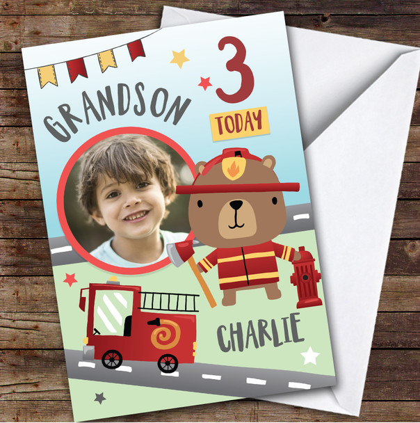 Boy's Fireman Bear Fire truck Photo Grandson 3rd Birthday Personalized Card