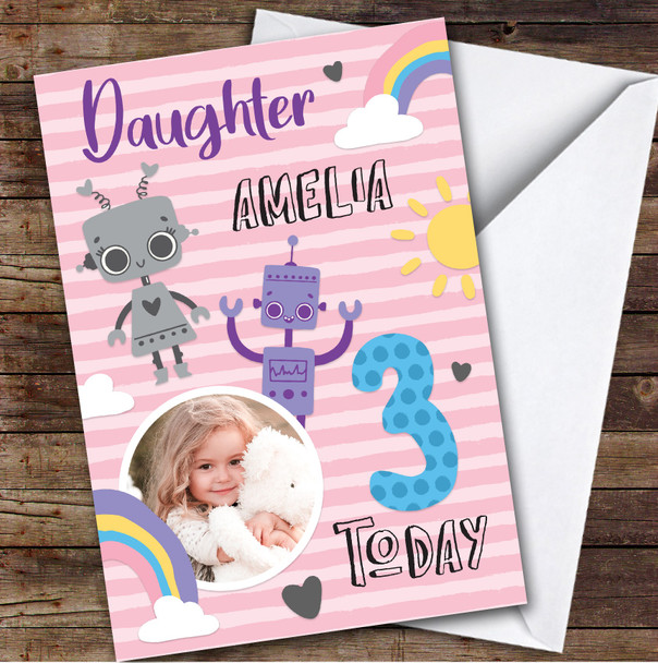 Girl's Robot Rainbow Photo Daughter 3rd Birthday Personalized Birthday Card