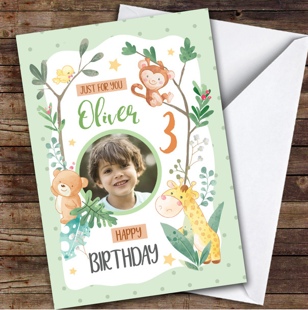 Boy's Safari Jungle Animal Green Boys Photo 3rd Birthday Personalized Card