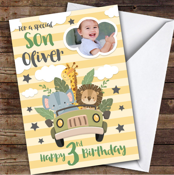 Boy's Jungle Safari Truck Animal Photo Son 3rd Birthday Personalized Card
