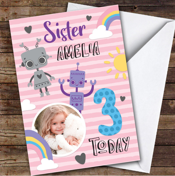Girl's Robot Rainbow Photo Sister 3rd Birthday Personalized Birthday Card