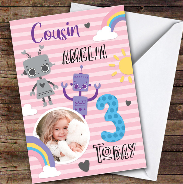 Boy's Robot Rainbow Photo Cousin 3rd Birthday Personalized Birthday Card