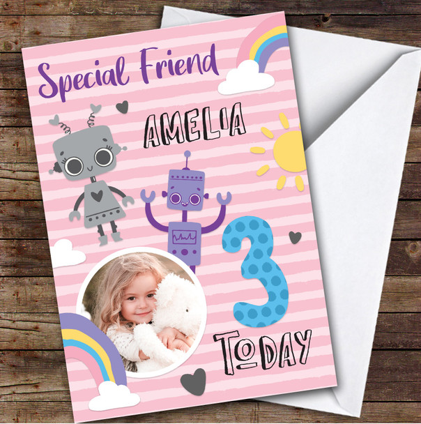 Boy's Robot Rainbow Photo Friend 3rd Birthday Personalized Birthday Card