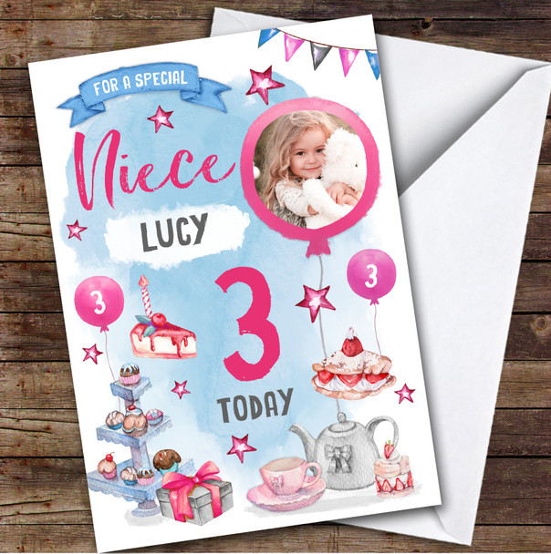 Girl's Tea Party Photo Niece 3rd Birthday Personalized Birthday Card