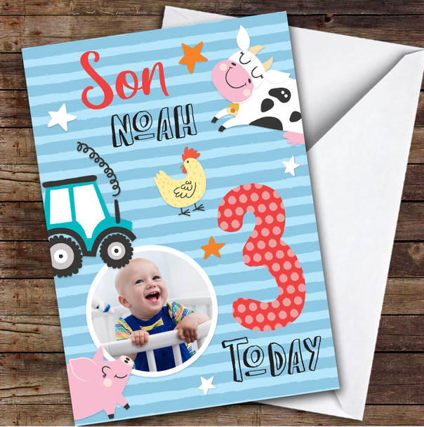 Boy's Farm Animals Photo Son 3rd Birthday Personalized Birthday Card