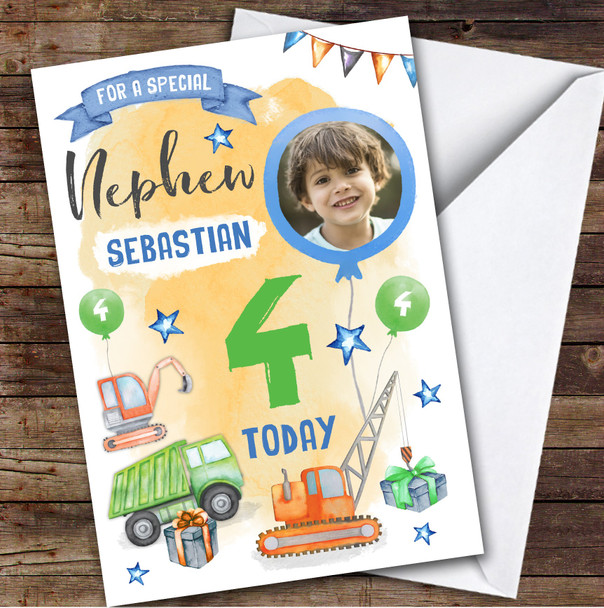 Boy's Truck Gift Construction Digger Photo Nephew 4th Birthday Personalized Card