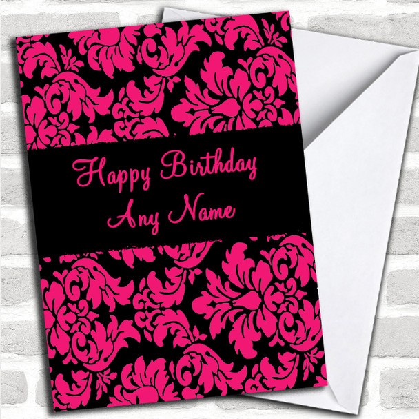 Floral Black Pink Damask Personalized Birthday Card