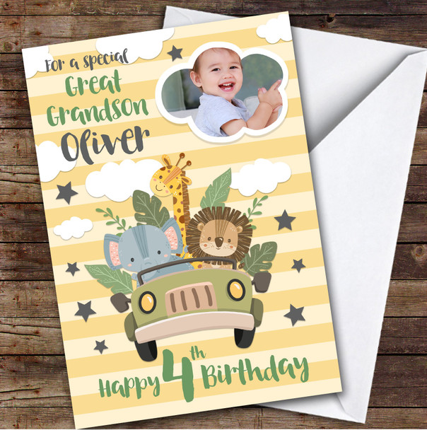 Boy's Jungle Safari Animal Photo Great Grandson 4th Birthday Personalized Card