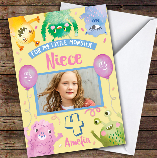 Girl's Little Monster Girl's Yellow Photo Niece 4th Birthday Personalized Card