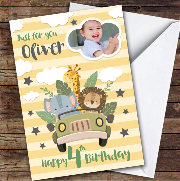 Boy's Jungle Safari Truck Animal Photo 4th Birthday Personalized Birthday Card